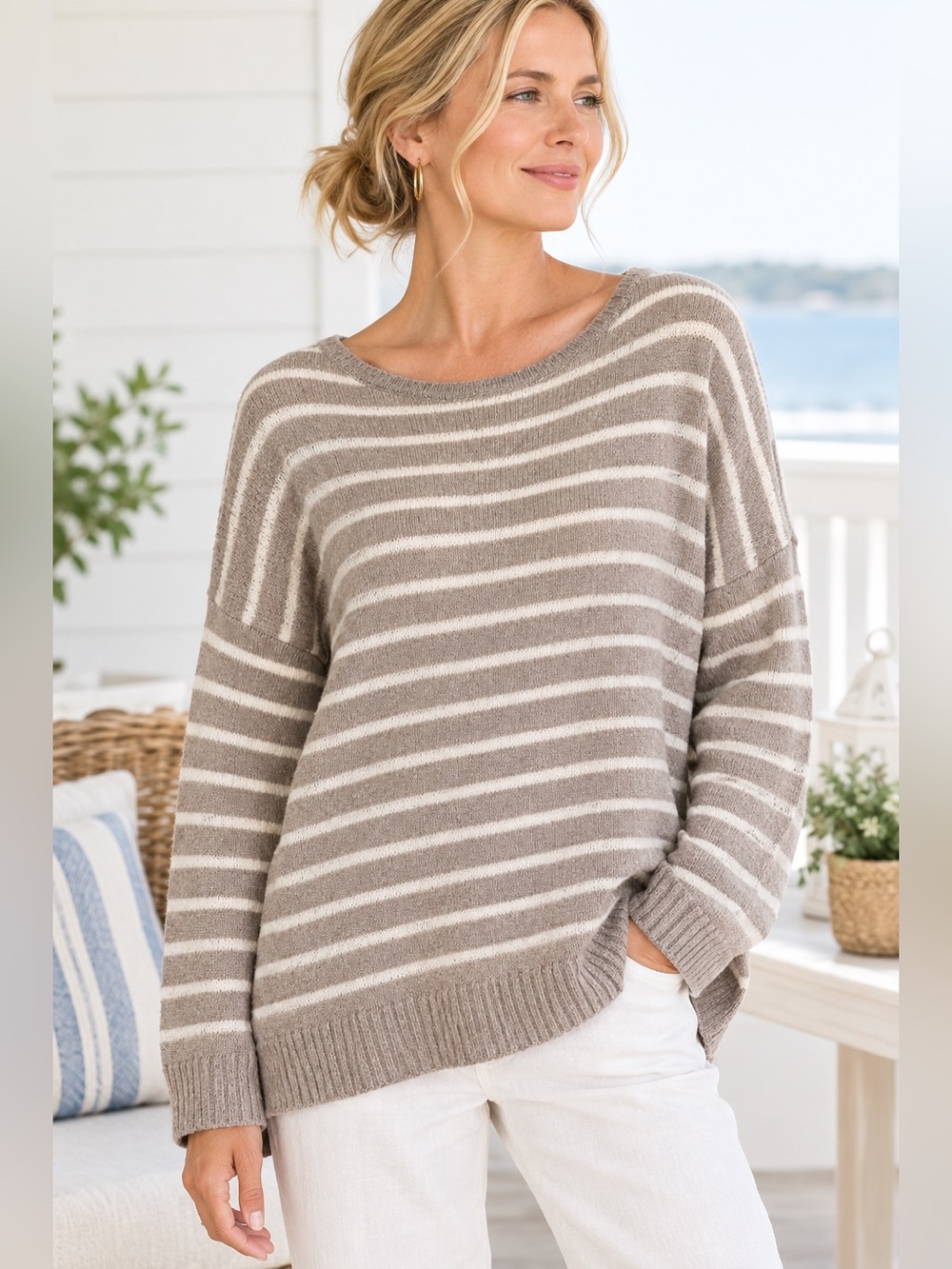 Chico's Taupe Cream Striped Boatneck Sweater Coastal Grandma Fall Chic Cotton